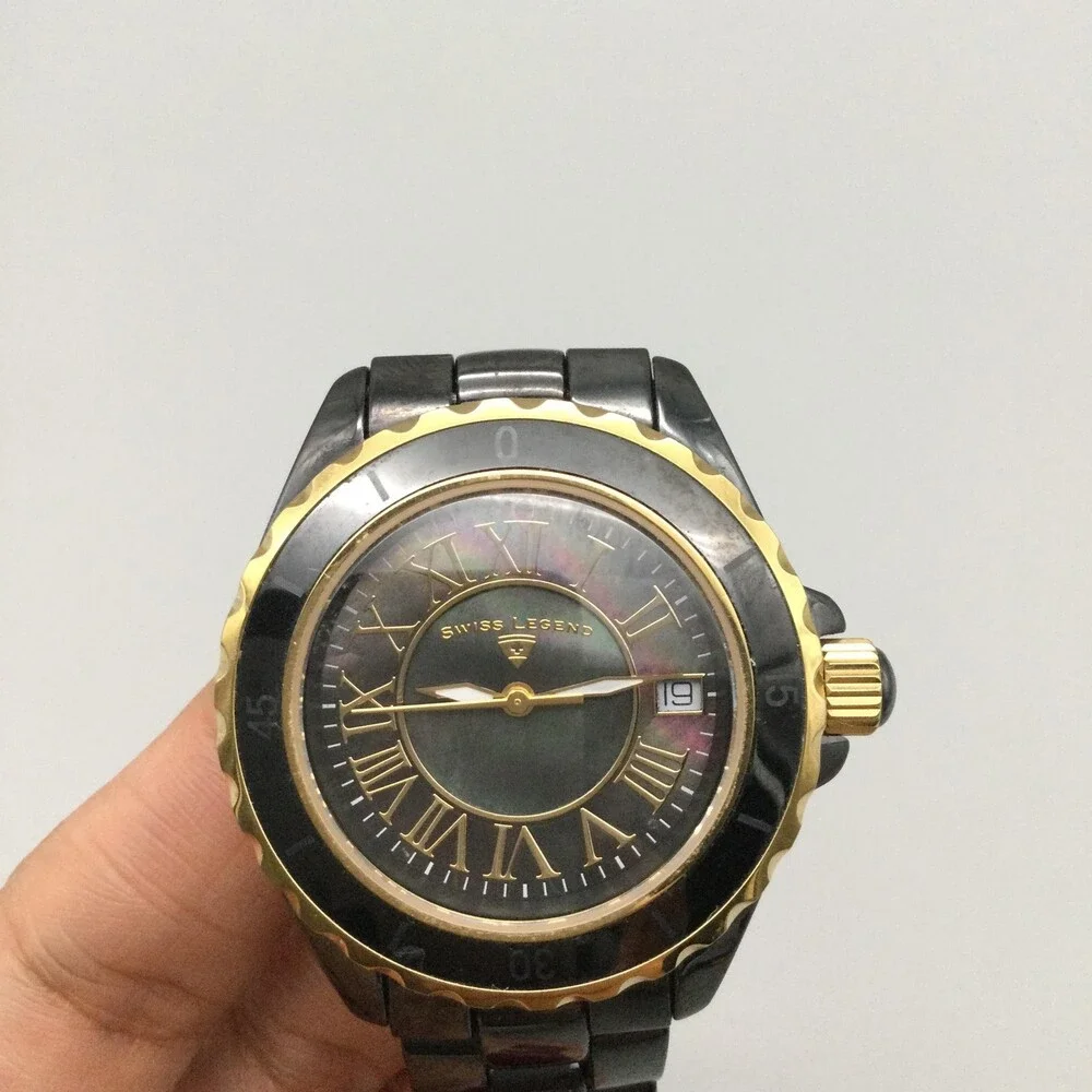 Swiss Legend Karamica Womens Watch 39mm Black Ceramic Gold New Battery 7.75